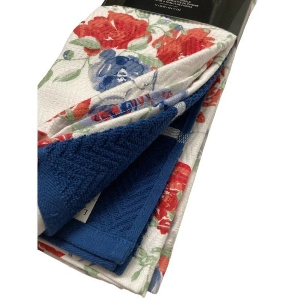 Lauren Ralph Lauren Home Kitchen Set NWT 3 Red Blue Floral Towels‎ 2 Mini Mitts